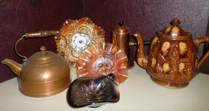 Bennington Teapot, copper kettle, copper teapot & carnival glass