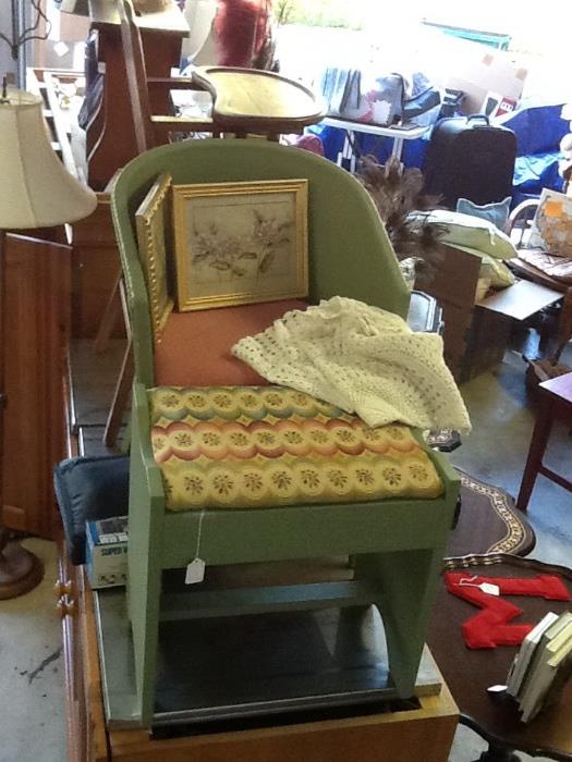 Green Lloyd Loom chair w/ cushioned seat & green wooden coordinated stool.