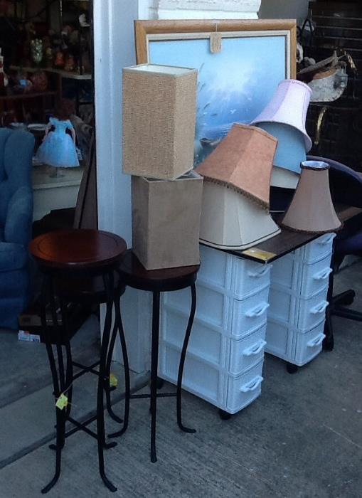 Lamps shades,  3 various height side tables or plant stands, landscape picture.