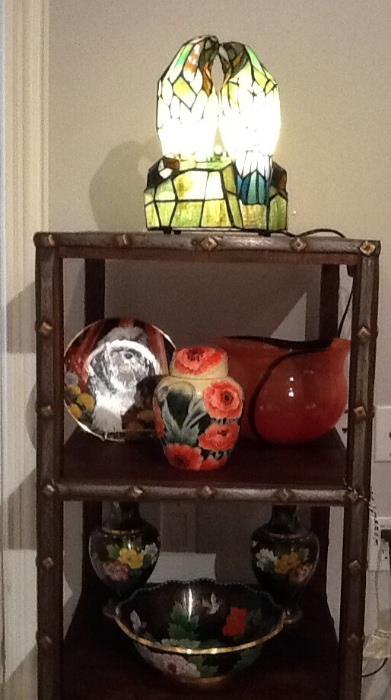 Mosaic stained glass parrot lamp. Shih Tzu decor plate. Ginger jar & hand blown vase.