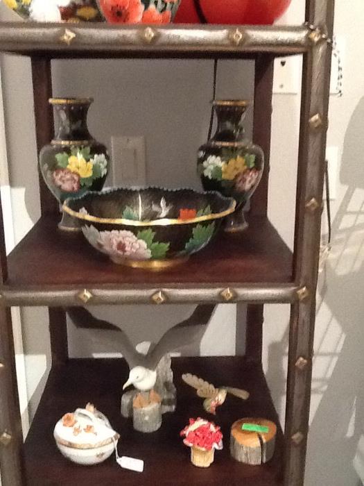 Cloisonné vases & bowl.  'Herend' china lidded decor box. Sea gull. Carved wooden hummingbird.