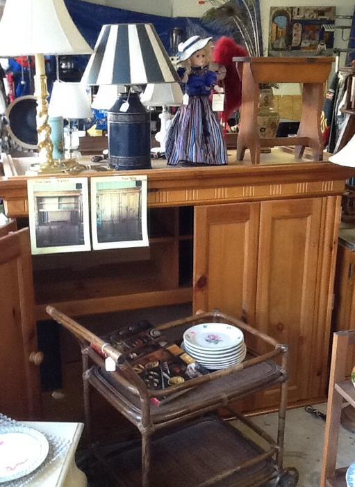Top half of pine desk amoire (Weir's/Dallas). Lamps, doll, handcrafted pine stool.