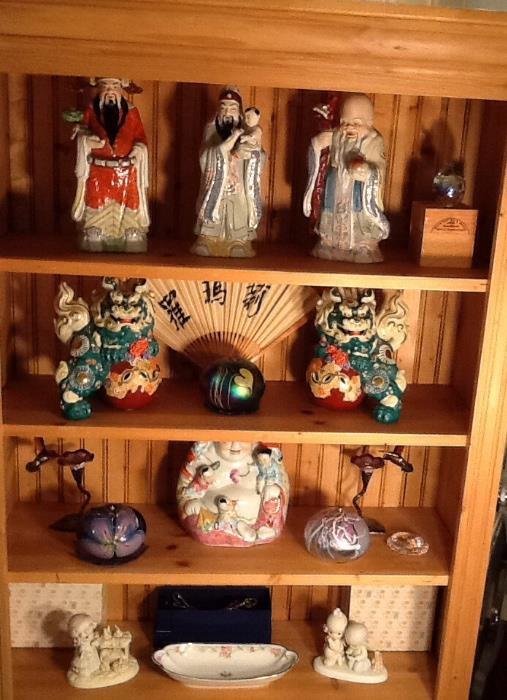 Oriental decor, round oil lamps made from volcano ash, cloisonné hummingbirds, Precious Moments figures, oval Nippon side dish.