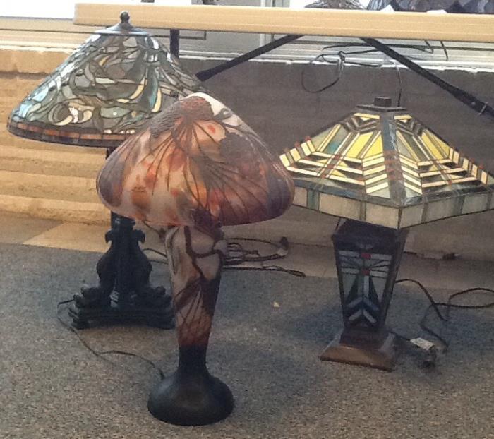Closer view of Tiffany styled lamps.