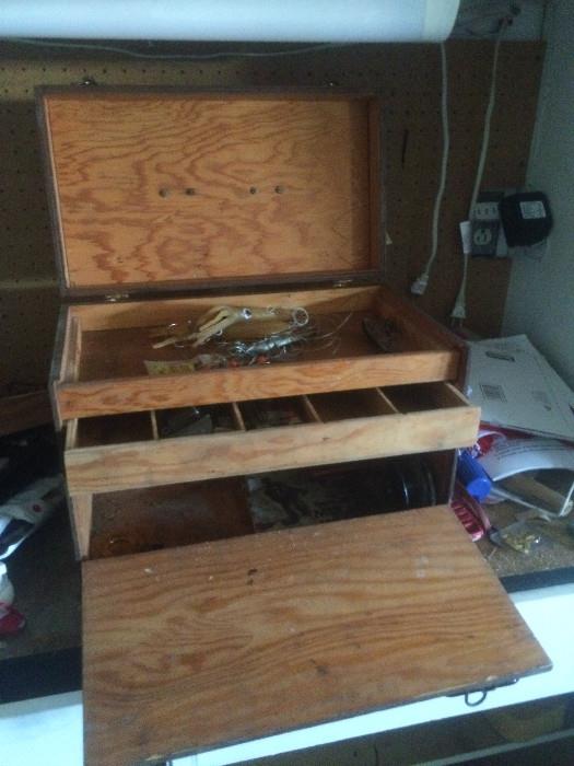 Opened vintage wooden fishing/miscellaneous/jewelry box (one catch broken)