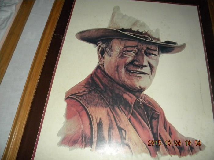 Multiple framed prints, sketches & photos of John Wayne