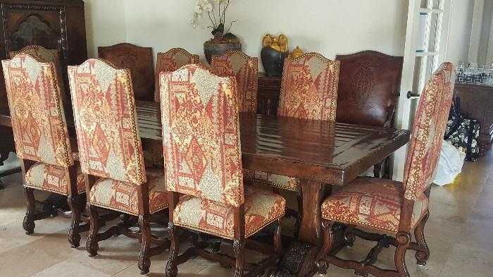 Massive Solid Wood Carved Dining Table and Custom Upholstered Chairs