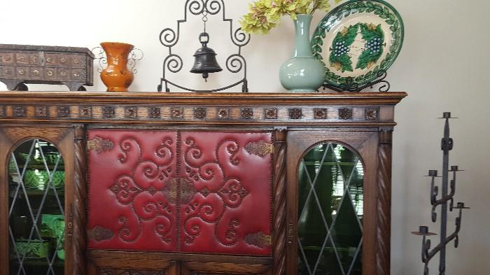 Antique Wall Unit w/Red Leather Doors and Side Beveled Glass Doors