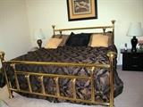 KING SIZE, BRASS BED AND BEDDING, PAIR OF LACQUER NIGHT STANDS