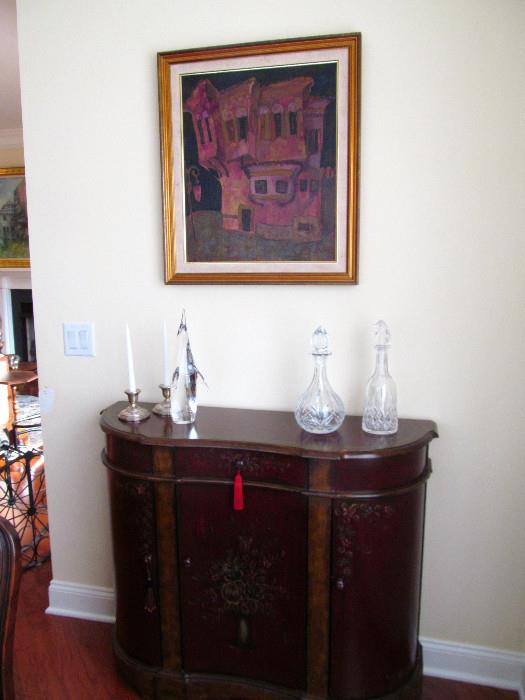 SIDEBOARD WITH CRYSTAL DECANTERS, AND GLASS PENGUIN, SCULPTURE AND  ORIGINAL KALINA ANTANASSOVA OIL PAINTING