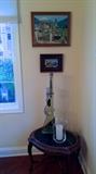 TEQUILA "SHOOTER" BOTTLE, ANTIQUE, MARBLE TOP TABLE, OIL AND INLAY ART WORK