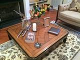 VINTAGE BAKER, INLAY ASIAN COFFEE TABLE, CHROME AND BRASS ANTELOPE SCULPTURE 