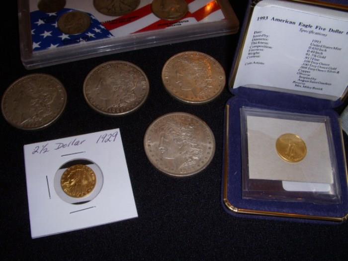 Silver dollars, US 1929 $2 1/2 coin & US 1993 $5.00 gold coin