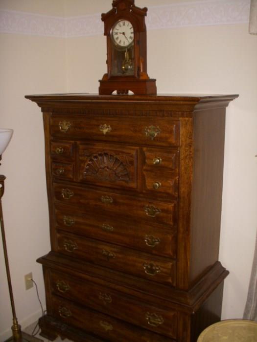 Highboy dresser with walnut clock on top (clock with replaced battery movement)
