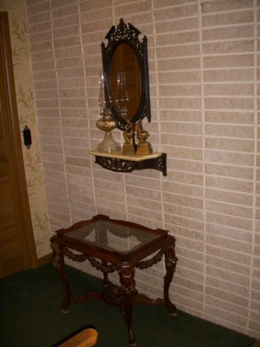 Carved table (with some damage), wall shelf & mirror