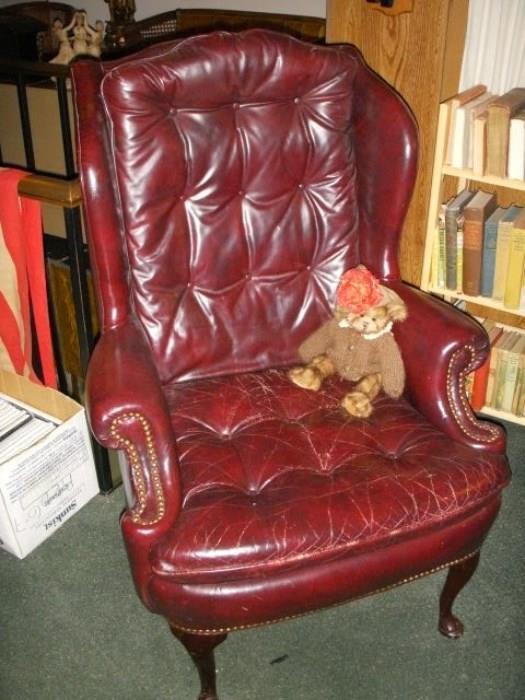 Leather wingback chair, worn and comfy!