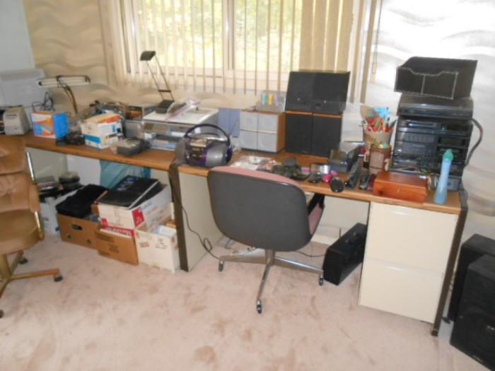two mid century modern desks, office supplies, desk top items etc...