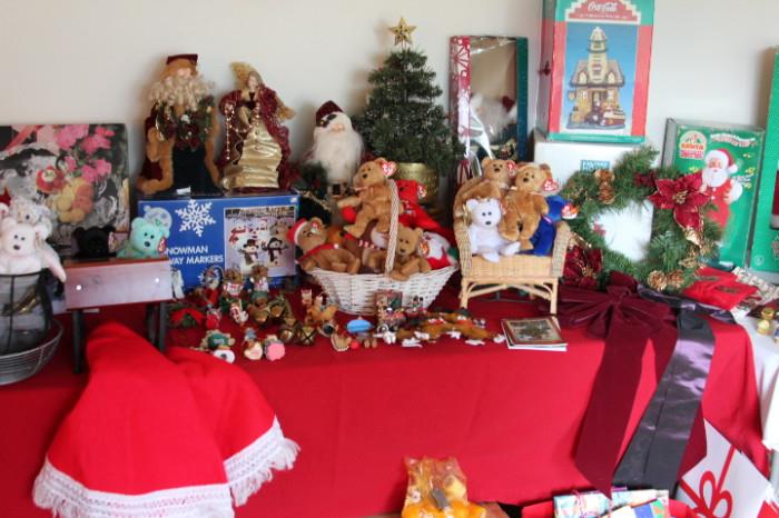 More holiday decor, tree ornaments, tree skirt, Santa.
