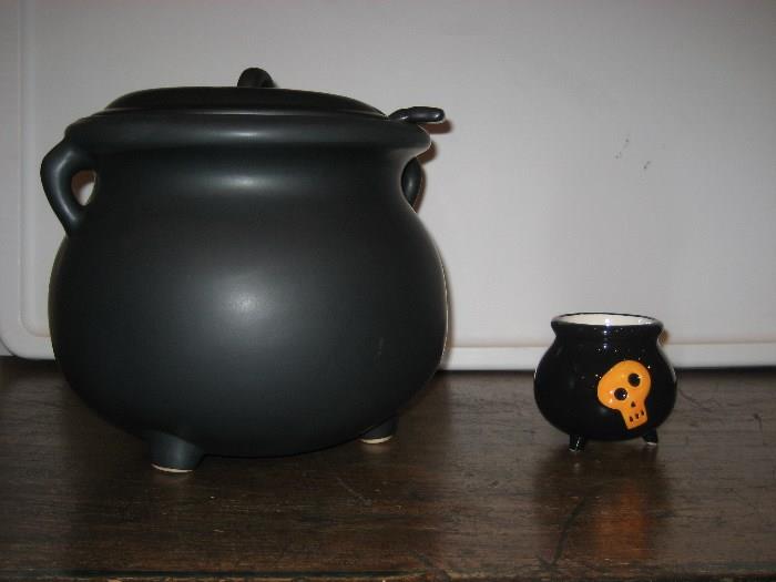 Large Ceramic Crock with ladle for serving some stew or chili on a spooky foggy night.