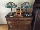 MATCHING SLAG GLASS LAMPS, CARVING BY TOM FORD, OLD TRAIN ENGINE, HAT BOX AND HAT, BEAUTIFUL OLD DRESSER