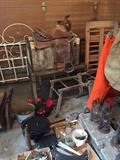 BEAUTIFUL OLD ROPING SADDLE.  HAND TOOLED, OLD IRON BED, MISC.