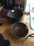 VERY LARGE BLACK CAST IRON POT AND COPPER KETTLE (OLD SLED IN BACKGROUND)