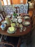 OLD DINING TABLE, CHAIRS, JOHNSON BROTHERS CHINA