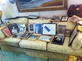 Baker down filled sofa. African-American photographs, awards, metals, Hampton College & DePaul Degree's & scrapbooks.