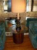 Solid Walnut cylinder table base with THICK glass top.