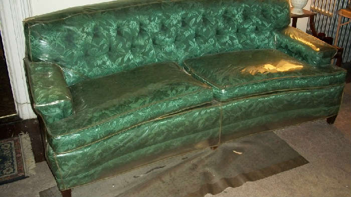 Vintage tufted green brocade sofa