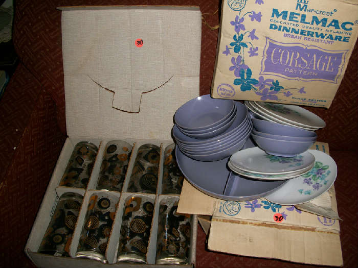 Vintage glasses, dishes in boxes