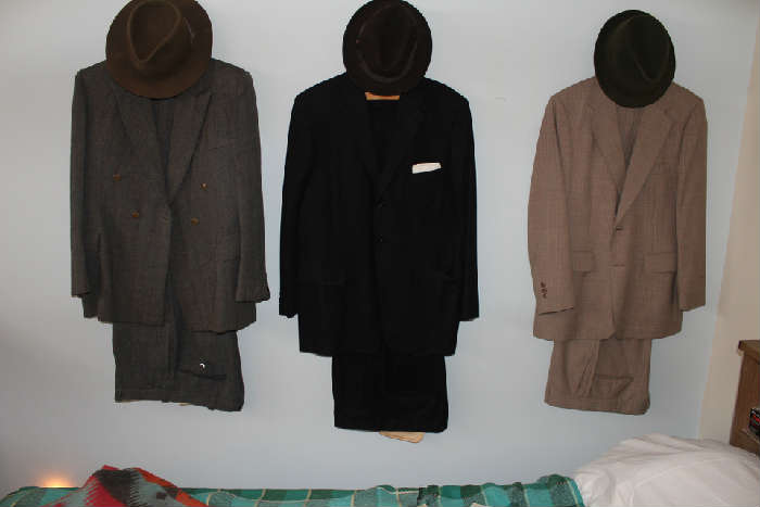 Mens vintage tweed suits. 1940's. Some with vests. Mens vintage hats and jackets.