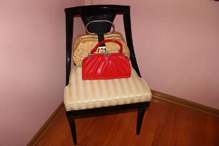 Pair of Hollywood GLAM ladies dressing chairs. Vintage purses/handbags.