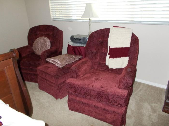 2 velvet chairs with ottoman.