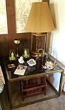 Large Glass & Brass End Table, Table Lamp & More