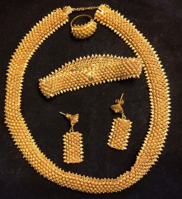 Gold necklace, bracelet, earrings & Ring