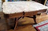 Eastlake Style Coffee Table, Marble Top Is Crme Colored With Brown Veins, Burled Accents 18"T X 36.5"W X 25"D