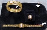 4 Pc Cameo Lot, Filigree Ring And 2 Bracelets, And Stick Pin