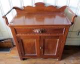 Eastlake Walnut Washstand With 2 Towel Bars, 1 Drawer And 1 Double Doors 22"H (To Top Of Backsplash) X 34"W X 16 .5"D