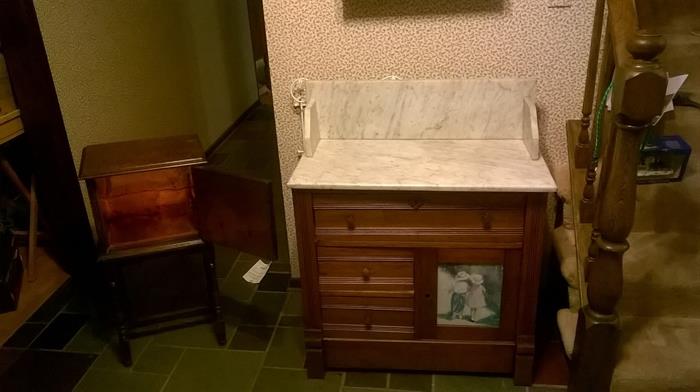 humidor, antique marble top wash cabinet