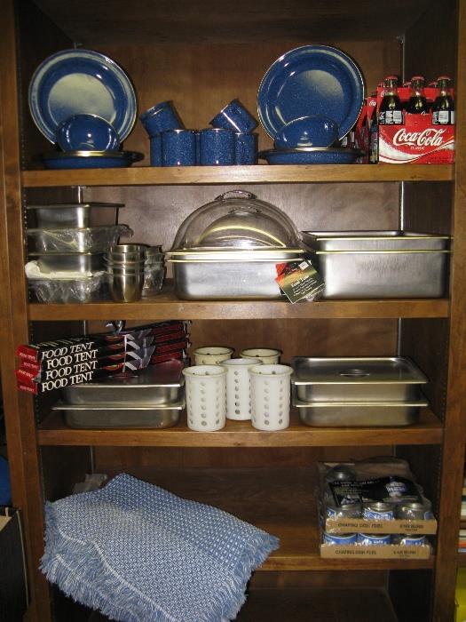 A full array of Volrath stainless steel catering pans; blue speckle enamelware.