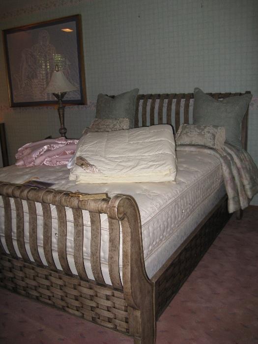 Beautiful Queen size Sleigh Bed in antique metal finish accented with lattice trim.