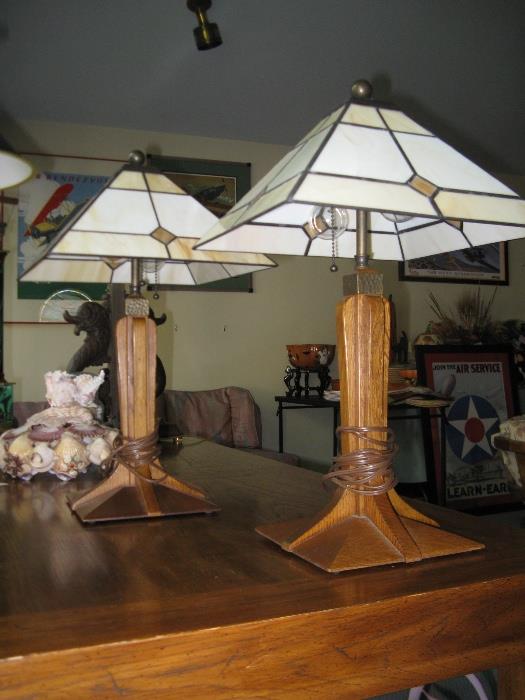 Stickley Corbel Base Lamps with Art Glass Shades.