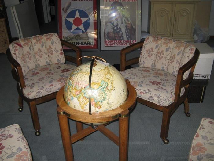 Nice Globe in stand.  Rolling casual club chairs.