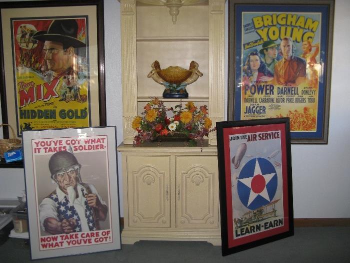 World War I posters, Tyrone Powell, Tom Mix original poster.  Very nice storage bookcase/display piece.