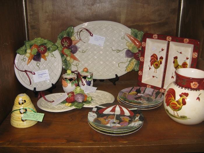 Fun Fitz & Floyd Harvest Time serve ware, Guy Buffet plates, Beehive measuring cups and Rooster pitcher and Plate.
