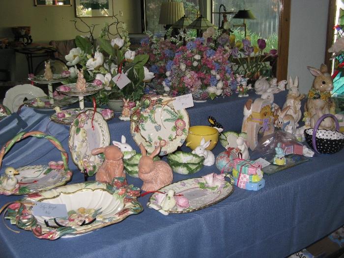 Sweet collection of Fitz & Floyd, Jim Shore and others Spring and Easter decor and serving items.