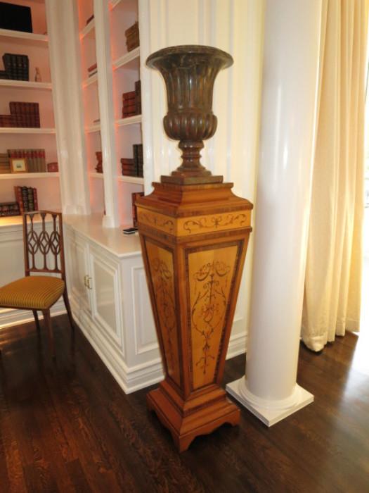 Pair of 19th. C. Napolean III Inlaid Pedestals with a Pair of Marble Footed Urns.  Note:  (Taking names and offers on Books: they cannot be sold until Penthouse sells)