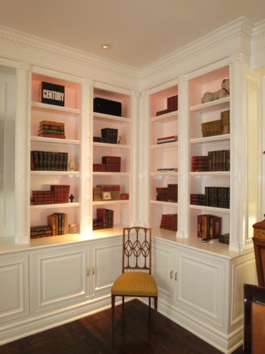 A Collection of Antique Leather Books with a Regency-Style Side Chair (one of a set of 6).   Note:  (Taking names and offers on Books: they cannot be sold until Penthouse sells)