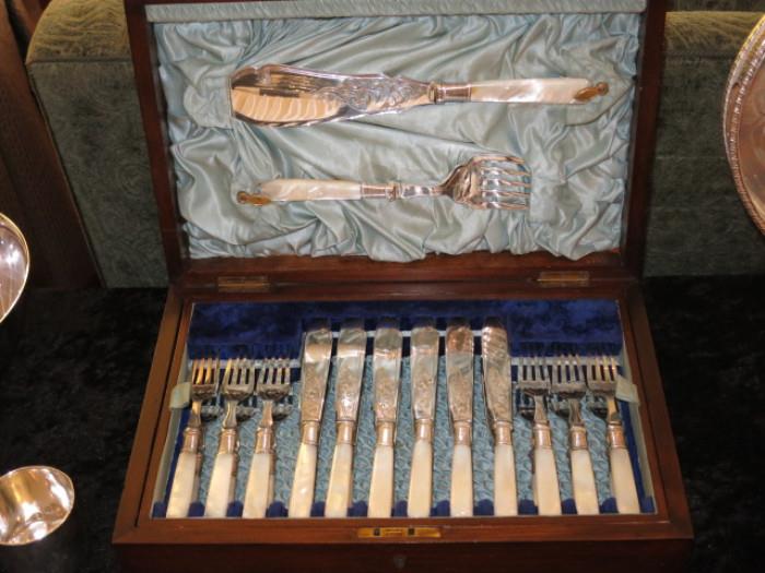 A Boxed Mid-19th. C. Silver & Mother-of-Pearl Dessert Service